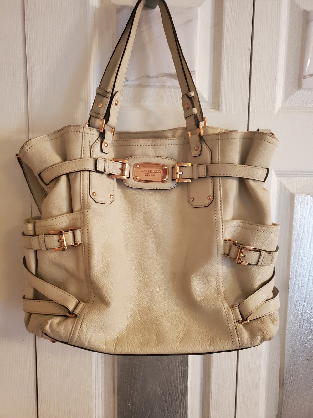 Michael Kors Cream Leather Tote with Rose Gold Accents